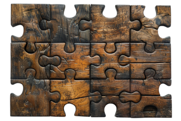Wooden puzzle pieces arranged to form a rustic design. Perfect for themes of problem-solving, creativity, or rustic decor.
