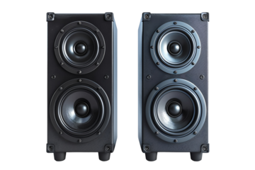 A pair of high-quality black speakers featuring large woofers and tweeters for enhanced audio performance, set against a plain white background.