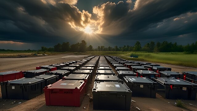 The stark reality of a sprawling dumping ground for electric car batteries, symbolizing the environmental challenges associated with green energy. Generative Ai