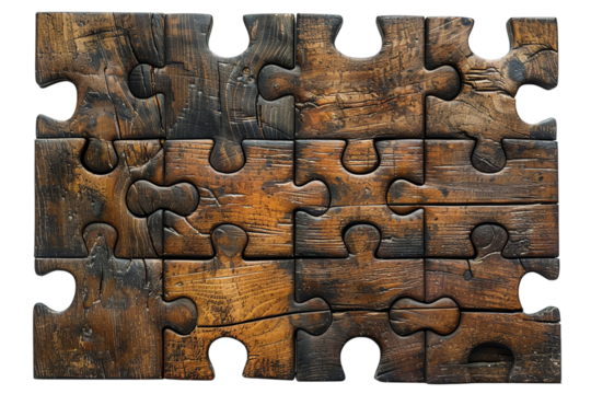 Wooden puzzle pieces arranged to form a rustic design. Perfect for themes of problem-solving, creativity, or rustic decor.