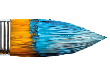 Close-up of a paintbrush with blue and yellow paint, showcasing artistic creativity and vibrant colors. Ideal for art and design themes.