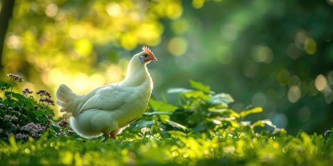 White Chicken in a Colorful Garden