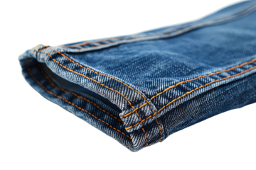 Close-up shot of a folded blue denim jeans with visible orange stitching, showcasing texture and detail for fashion and clothing concepts.