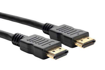 Close-up of two HDMI connectors with gold-plated tips and black cables, used for high-definition video and audio transmission.