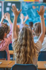 Students raising hands in classroom during a lesson, engaged learning, education concept, back view, diverse group of young learners.