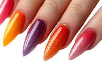 Close-up of vibrant, multicolored, glossy, pointed manicured nails in different shades, showcasing beautifully polished, trendy nail art.