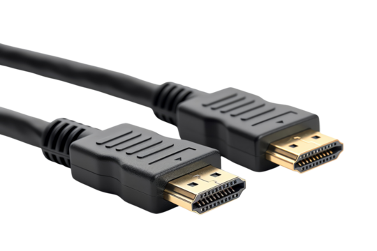 Close-up of two HDMI connectors with gold-plated tips and black cables, used for high-definition video and audio transmission.