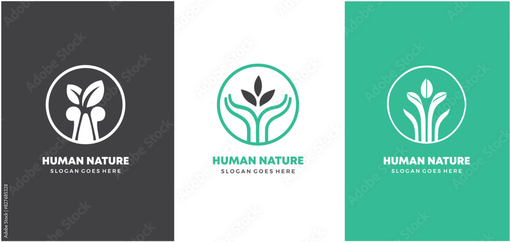 Sticker human nature logo concept, people and leaf combination logo premium vector illustration.