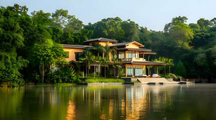 Fototapeta premium A serene lakeside retreat surrounded by lush greenery