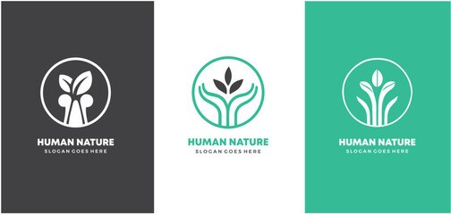 human nature logo concept, people and leaf combination logo premium vector illustration.