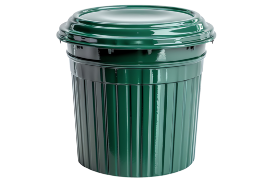 Green plastic garbage bin with lid, isolated on white background. Ideal for waste management, recycling, and outdoor use.