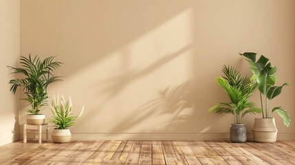 Beige wall mockup with wooden floor and plants in pots on empty background, 3d rendering ,