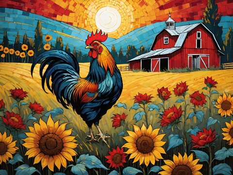 Rooster in the Sunflowers on the farm