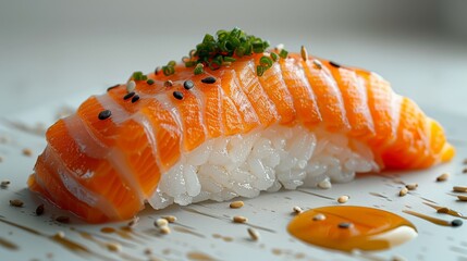 Minimalist Tamago Nigiri Sushi in Close-up on White Background: Photorealistic Food Photography