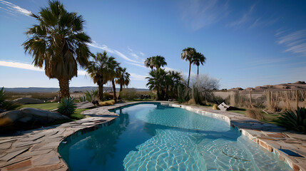 Obraz premium A serene oasis in the desert with palm trees and a sparkling blue pool