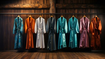 A wooden rack displaying a row of robes, ready to be worn.