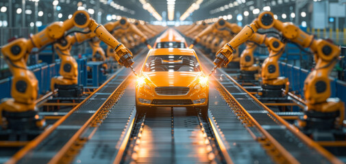 Car manufacturing plant with robotic arms assembling a yellow car on a production line.