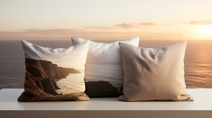 Three pillows with ocean and cliffs in background.