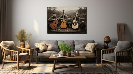 A cozy living room with a guitar hanging on the wall.