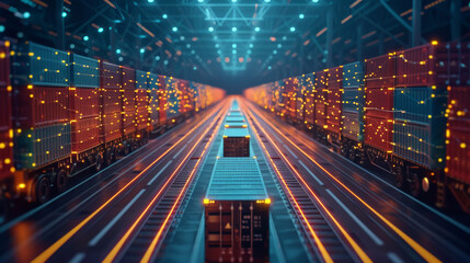 Fototapeta premium The glowing blue and orange shipping containers in the center represent the data flowing through the network. logistic transportation concept.