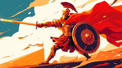 Illustration of a formidable Ancient Roman or Greek warrior or gladiator donning armor and a helmet depicted in a dynamic flat 2d style against a white backdrop Witness this antique soldier