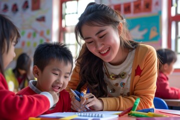 Teacher enthusiastically helping young students with a classroom activity, fostering learning and creativity in an engaging environment.