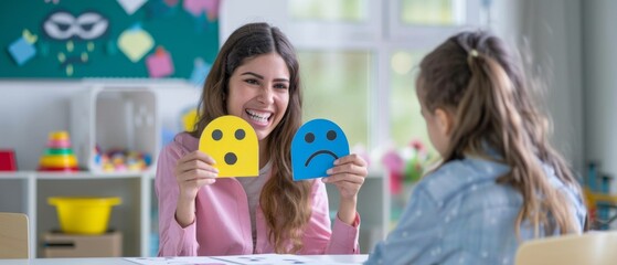 Therapist using emotion cards in a counseling session with a child to help her express emotions in a supportive environment.