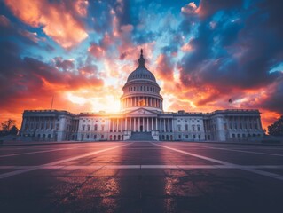 The United States Capitol Building at dawn, with dramatic clouds and sunrise creating a majestic and patriotic scene.