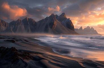 Naklejka premium slender Patagonia mountains lake dark clouds Patagonia Mountains Concept