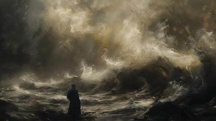 Obraz premium Solitary Silhouette Consumed by Tempestuous Psychological Upheaval