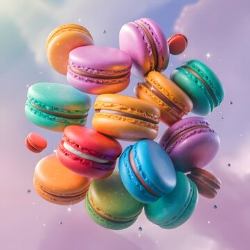 colorful macaroons on pastel background. Various colorful of macrons floating on the air. Sweet food for children