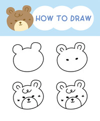 How to draw bear face cartoon step by step for learning, kid, education, coloring book. Vector illustration