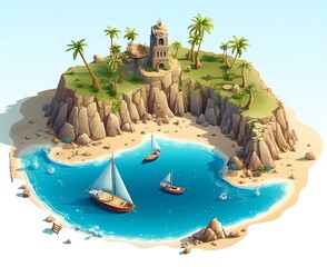 isometric island with beach and palm trees