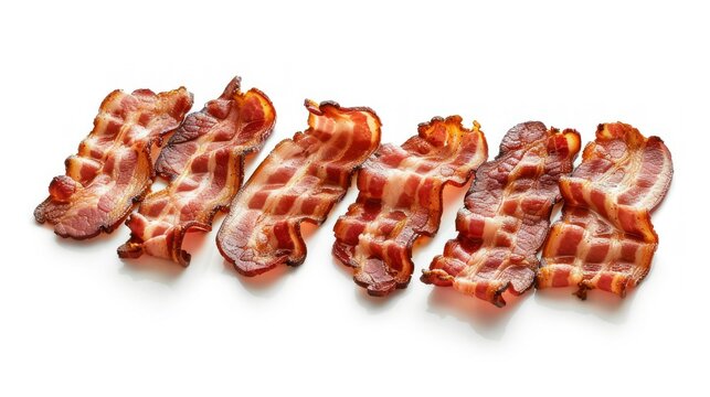 Collection of Cooked bacon rashers isolated on background white