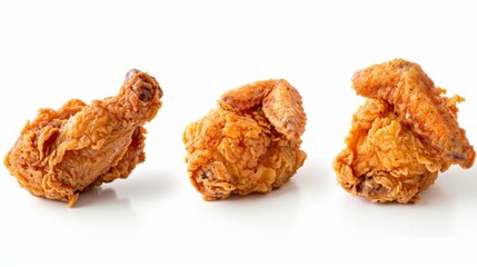 Fried chicken pieces in a collection isolated on a white background. Oil and gas power plant refinery, with storage tanks for oil production in the background