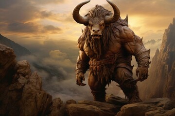 Fototapeta premium Fantasy concept art of a minotaur standing on a cliff.