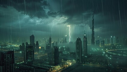 Thunderstorm and Lightning in Urban Skyline
