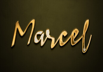 Old gold text effect of German name Marcel with 3D glossy style Mockup.