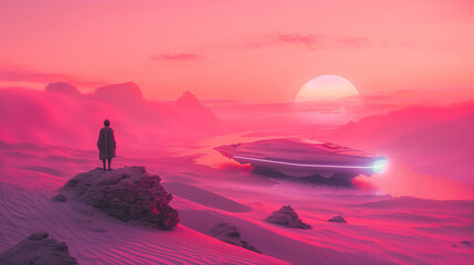 Sunset in pink desert, sci-fi background