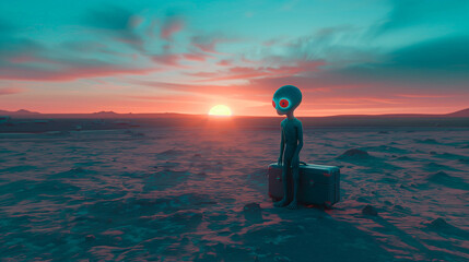 An alien with a suitcase in a desert, sci-fi background 