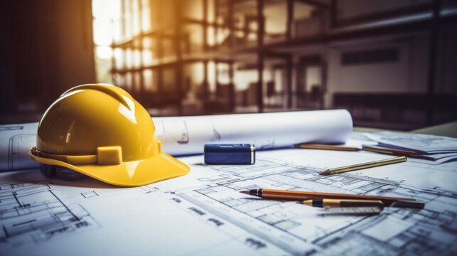 The blueprints and hard hat on the table symbolize the planning and safety procedures that go into any construction project.