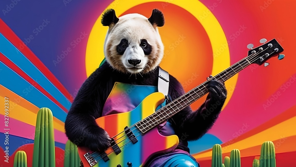 Wall mural guitar and music A panda holding a bass guitar with a colorful background