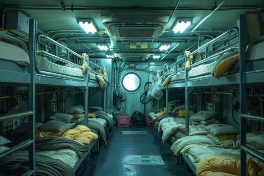 Rows of bunk beds fill a small, dimly lit dormitory, providing scant privacy and comfort in the cramped space