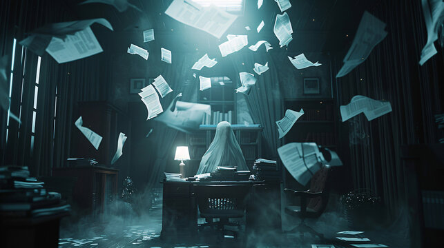 Ghost writer in haunted office. A ghostly figure sits at a desk in a dark and mysterious office, surrounded by flying papers.