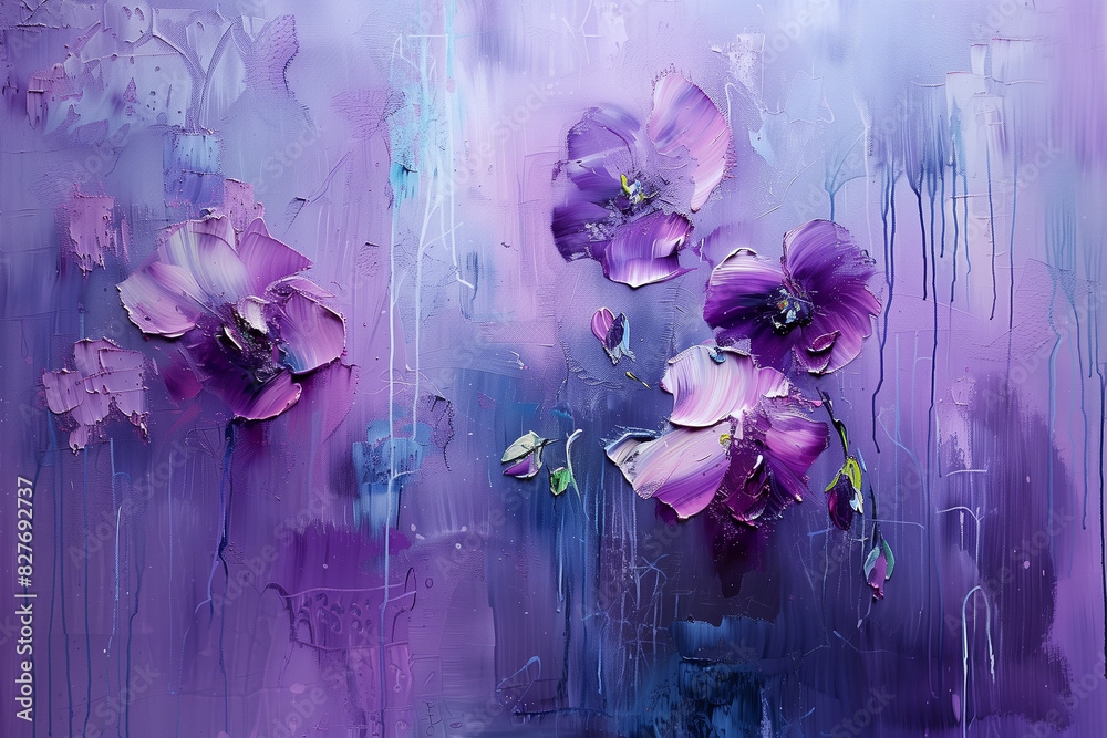 Wall mural Abstract modern art painting with flowers. Royal purple color. Generative AI. - Wall murals
