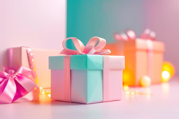 Obraz premium colored gift boxes with ribbon and bow on a festive background
