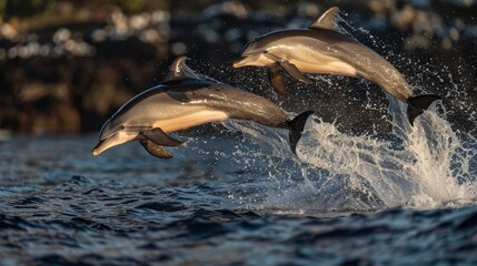 Obraz premium A pair of dolphins leaping gracefully out of the water generated by AI