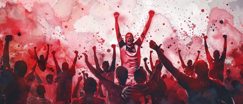 watercolor illustration of excited emotional crowd of sport fans cheering and screaming on match at stadium, the fans wearing red t-shirt generative AI