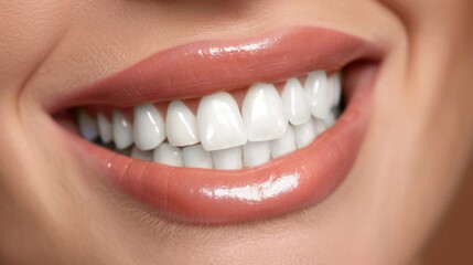 Close-up of a woman's smile with healthy white teeth and pink lips