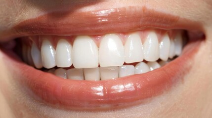 Fototapeta premium Close-up of a woman's smile with healthy white teeth and pink lips
